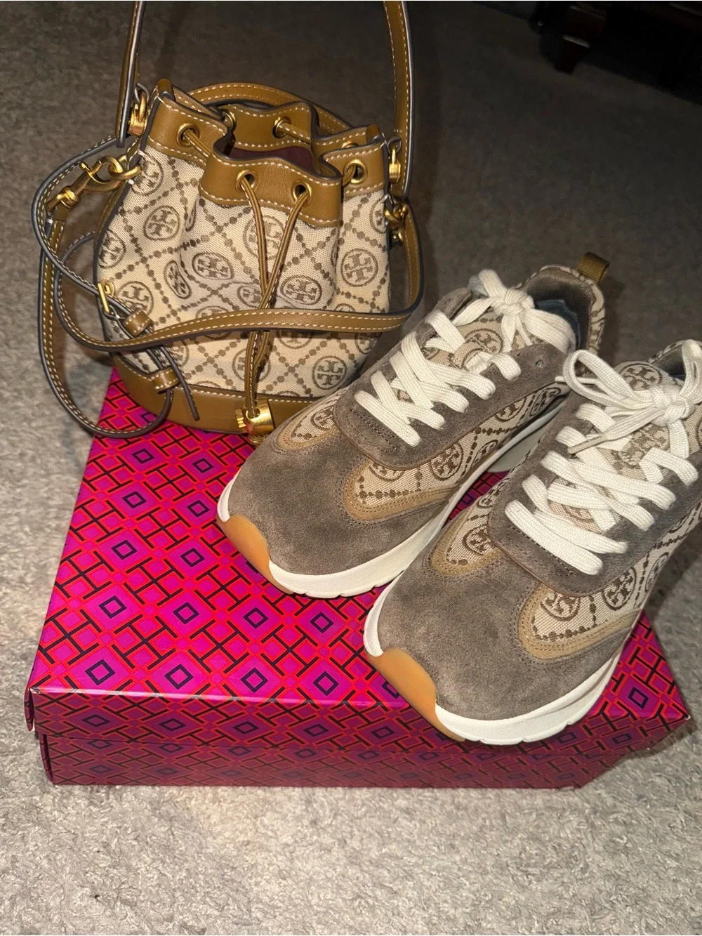 Tory Burch Logo Suede & Canvas Sneakers & matching bucket-bag. Dust-bag too.